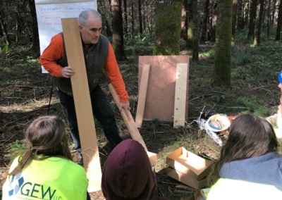 Brian teaching students from Firm Foundation Christen School GAP in forestry at Clarke’s tree farm – showing knot free wood.